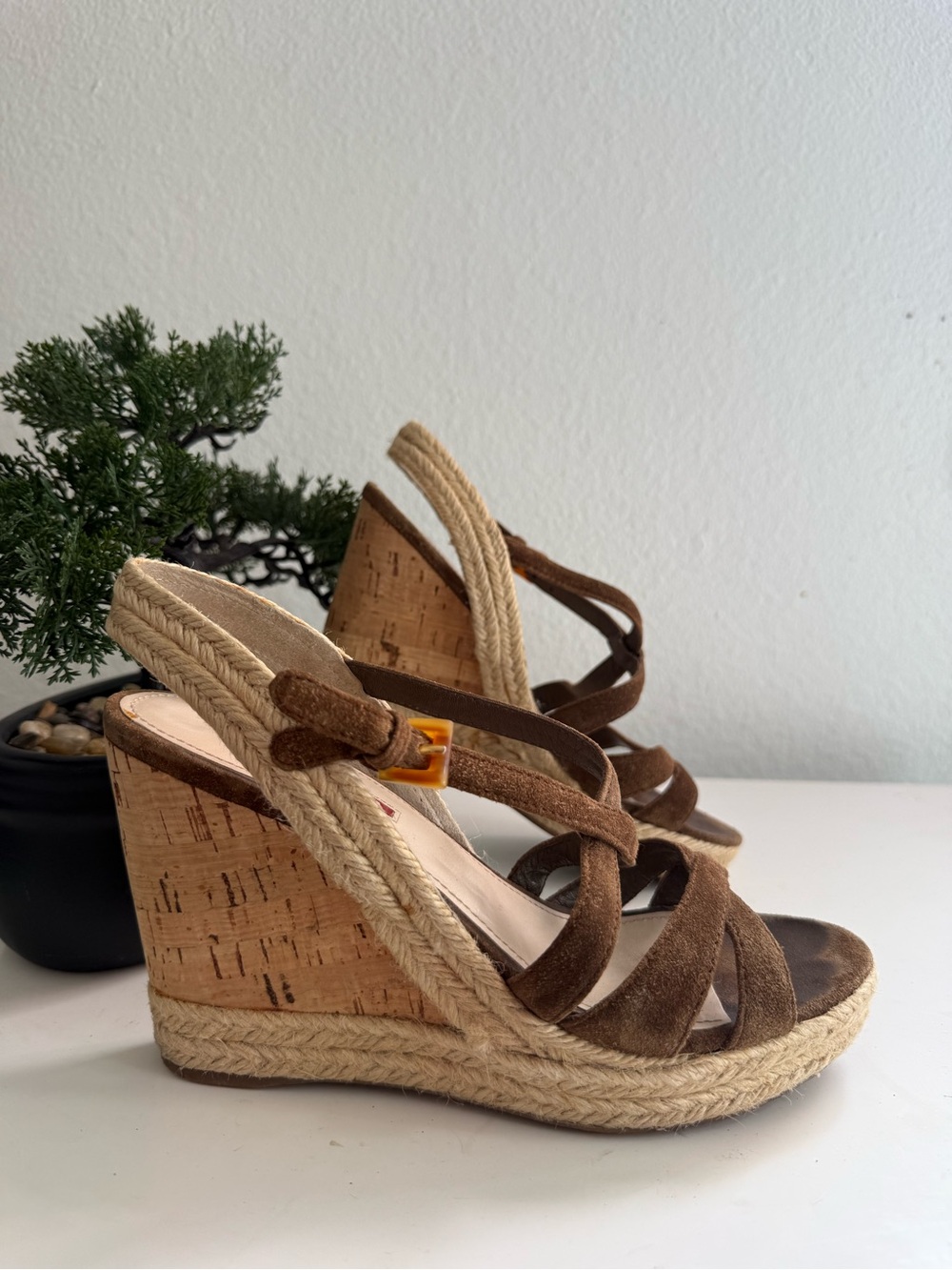 Prada sandals size 7.5  Brown Suede Cork Espadrille Wedge